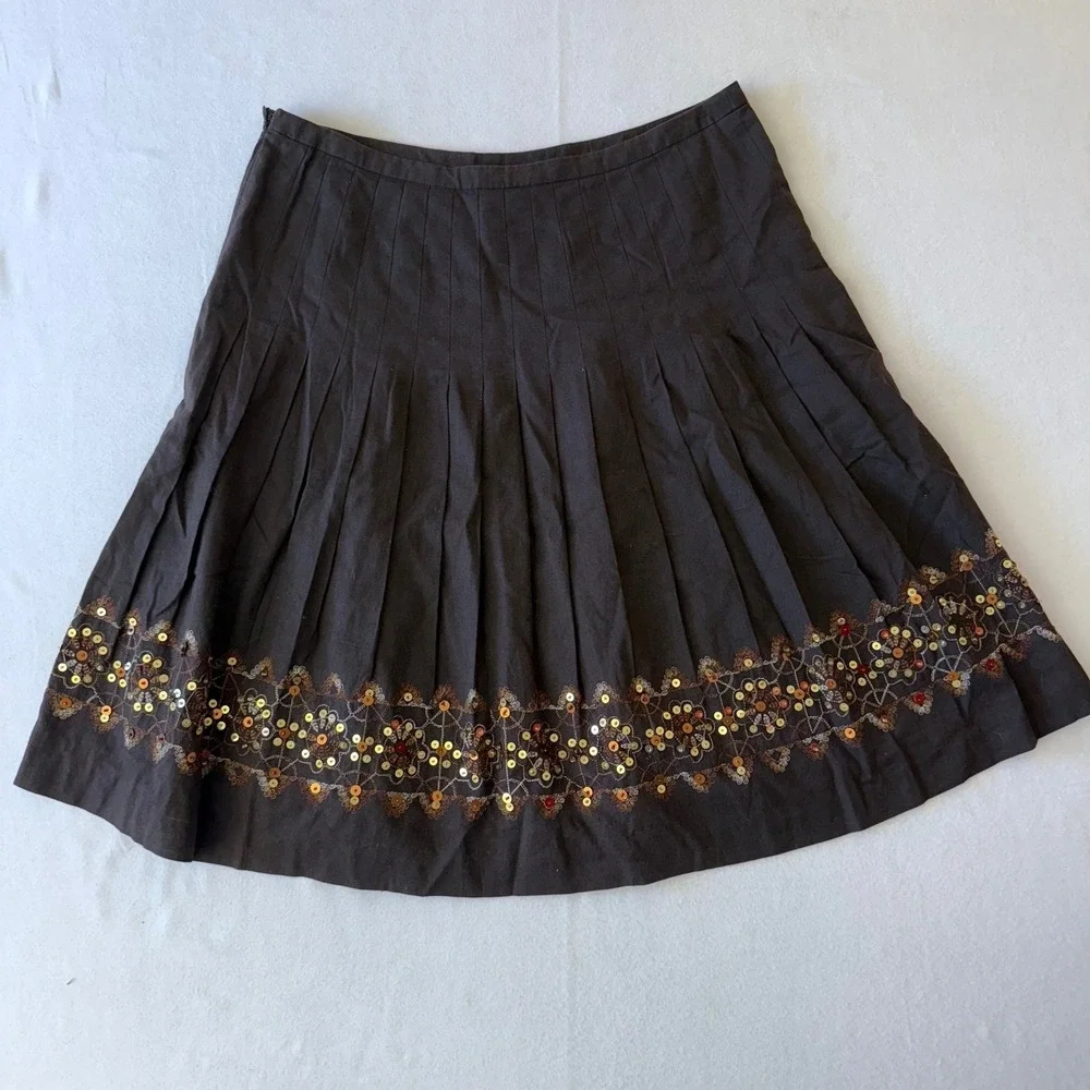 Ann Taylor Loft Brown Linen Blend Pleated Sequin Hem A-Line‎ Skirt Womens 10